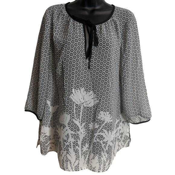 Ann Taylor Tops - Ann Taylor Black White Floral Large Sheer Blouse Tie Neck 3/4 Keyhole Women EUC